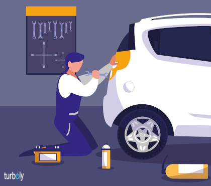 Car in maintenance workshop with mechanic working