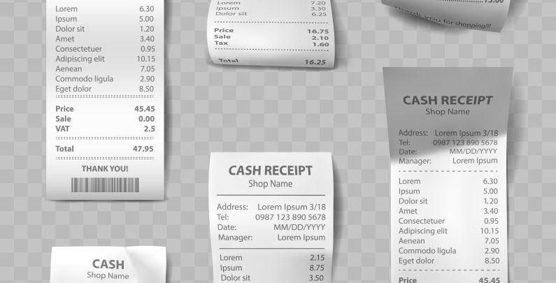 Realistic shop receipt, paper payment bills