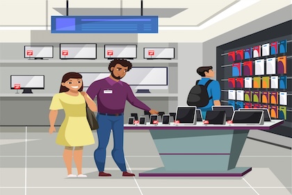 Shop assistant showing phone to customer in electronics store. Young woman visitor listening smartphone advantage, man choosing new digital device hanged on wall.