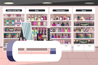 Empty cosmetics store, beauty shop interior with no people. Products showcase, face and lips, hair, perfumes and eyes section