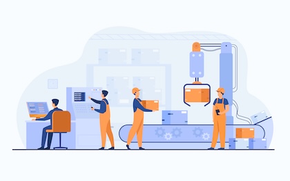 Factory workers and robotic arm removing packages from conveyor