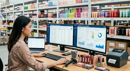 Dashboard ERP untuk manajemen SKU produk kosmetik dengan data stok dan varian lengkap