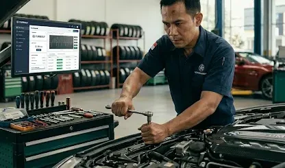 Teknisi bengkel mobil melakukan servis kendaraan dengan peralatan lengkap