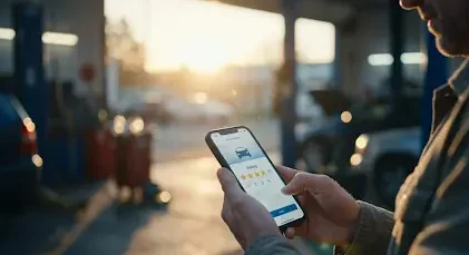 Pelanggan memberikan rating layanan bengkel mobil melalui smartphone