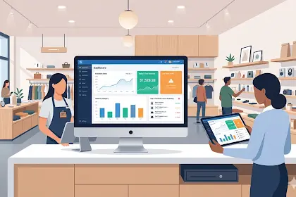 Ilustrasi toko retail modern dengan dashboard software retail online di layar desktop dan tablet yang menampilkan laporan penjualan, stok produk, dan monitoring bisnis real-time.