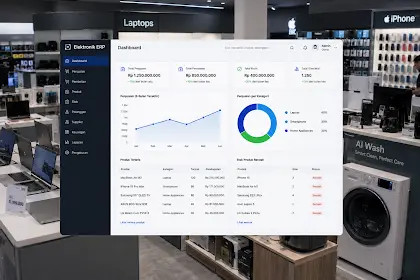 Dashboard sistem ERP retail elektronik menampilkan monitoring stok, penjualan real-time, dan manajemen multi cabang.
