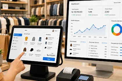 Dashboard POS Software Indonesia yang menampilkan transaksi penjualan, manajemen stok, laporan bisnis real-time, dan integrasi ERP Turboly untuk bisnis retail modern.